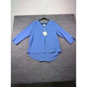 Zac & Rachel Women's L Blue Textured 3/4 Sleeve V-Neck Blouse High Low Hem NWT